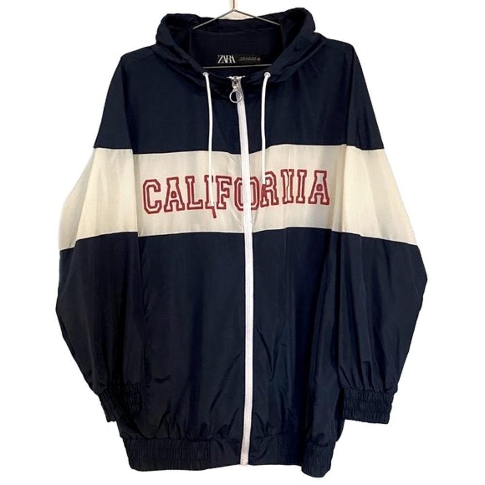 Zara Windbreaker Jacket Women US XS Oversized Zip Up Navy White Red Retro Cali